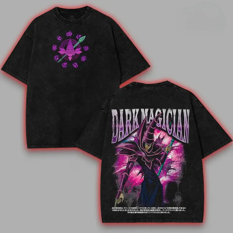 Men's Vintage Washed T-shirt Yugioh Dark Magician Girl Harajuku Streetwear Oversized Crew Neck Anime Casual Short Sleeve Tops view 4