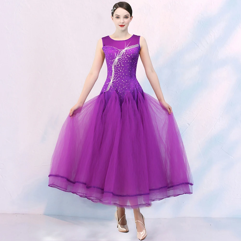 

Big Dress Ballroom Dancing Dress Women's Rhinestone Purple Costume Velvet Sleeveless Waltz Dress High-class Competition Dress