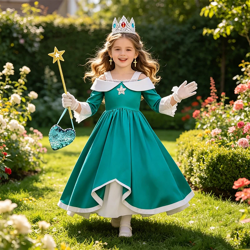 Kids Girls Rosalina Cosplay Dress Off Shoulder Long Sleeve Satin Gown For Stage Performance Birthday Halloween Party Outfit