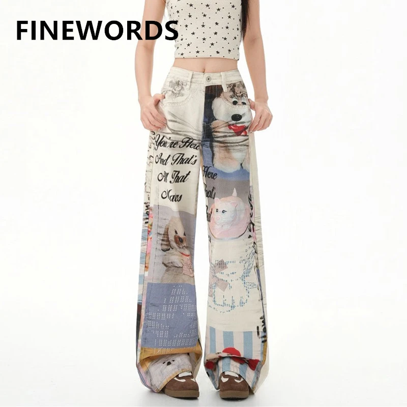 FINEWORDS Retro Casual Korean 3D Printed Jeans Women Streetwear High Waist Jean Easymatch Full Length Wide Leg Denim Baggy Pants