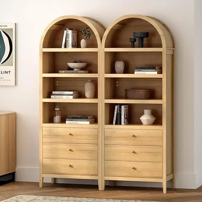 

71" Tall Arched Cabinet Set of 2, 4-Tier Arched Bookcase Display Cabinet with 3 Drawers and Shelves, Modern Farmhouse Bookshelf
