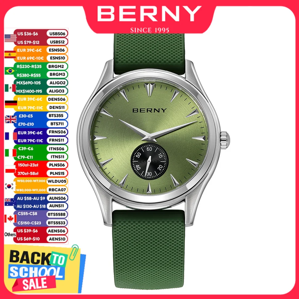 BERNY Quarzuhr für Herren, Silikon, lässige Armbanduhr, 5 ATM, wasserdicht, Herren-Armbanduhr, modische, vielseitige Quarzuhren für Herren