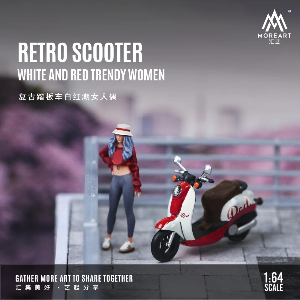 *Pre-Order*MoreArt 1:64 Vintage Scooter White and Red Hipster Female Doll Set, Miniature Scene Decoration Gift&Display