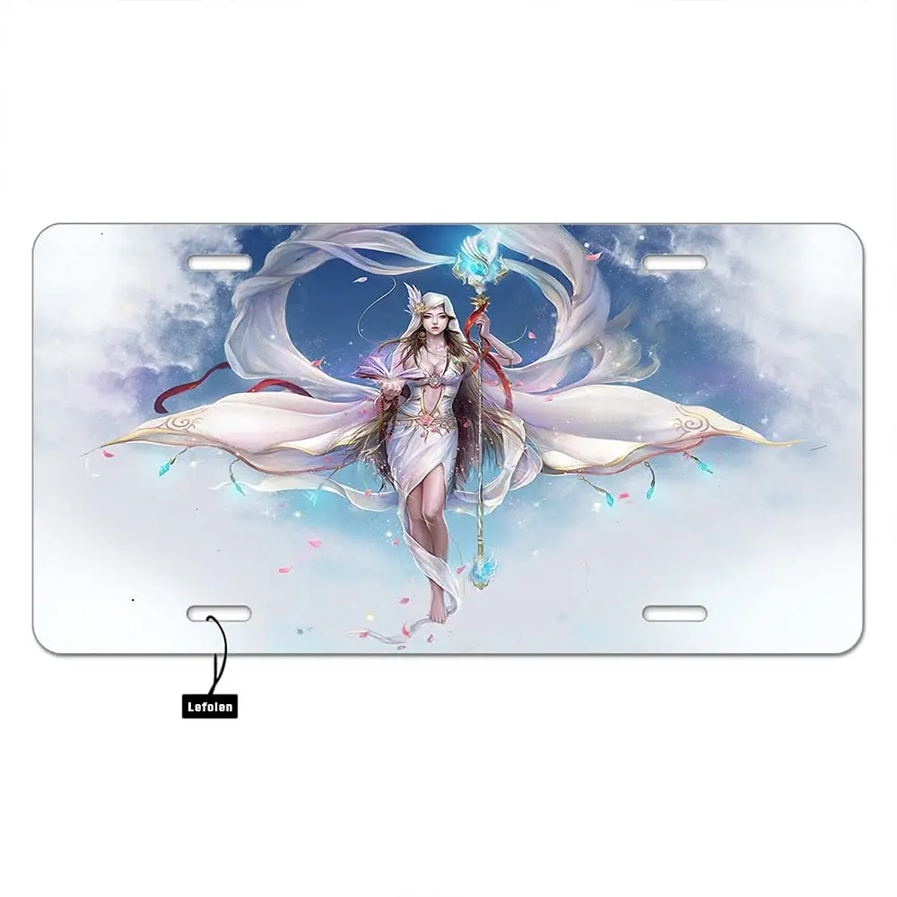 Goddess Woman Front License Plate Covers Fantasy Pin Up Female Angel with Sword Cloud Sky Decorative Car Metal Plates Vanity Tag