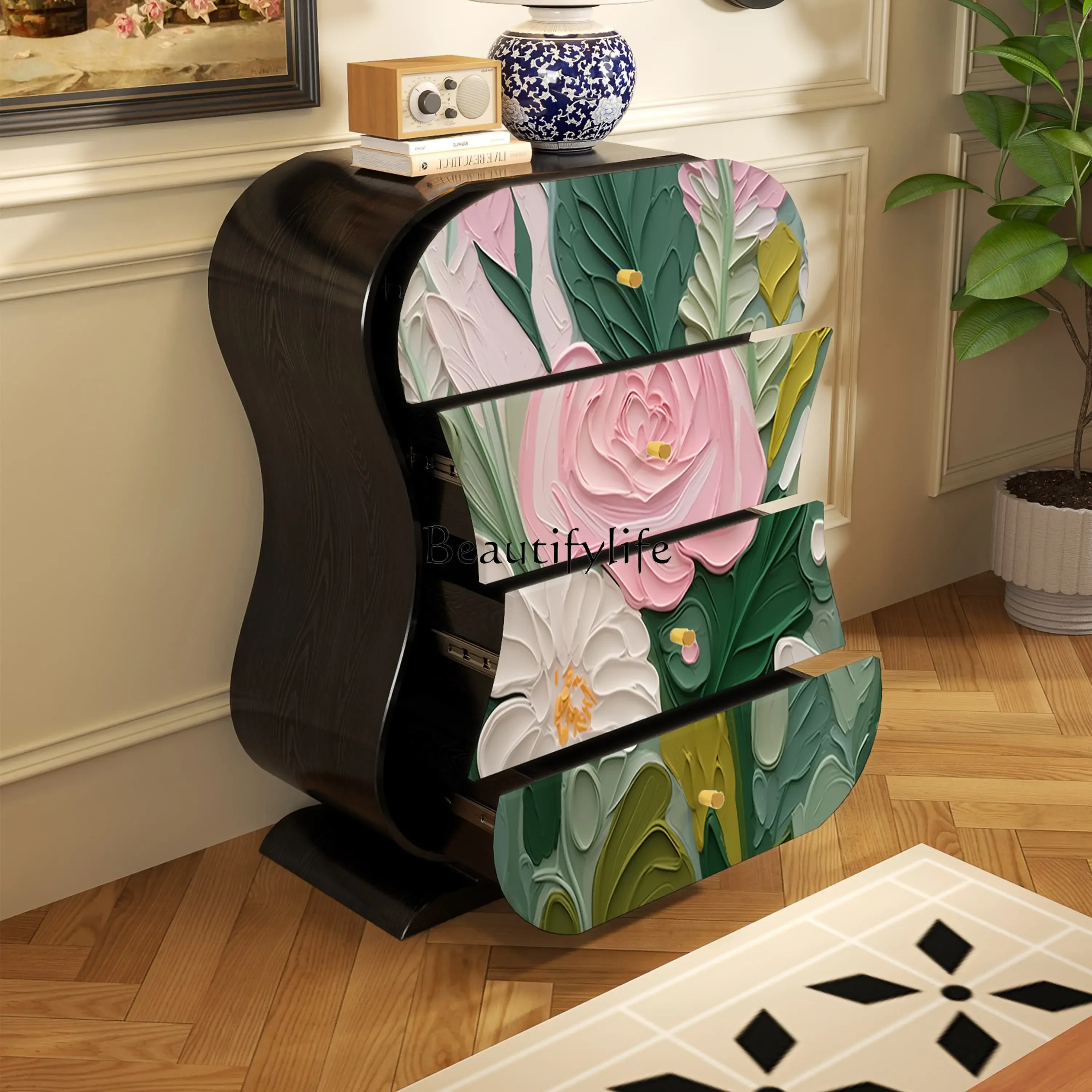 88..Chinese-style pattern household painted solid wood porch cabinet, living room integrated storage cabinet against the wall