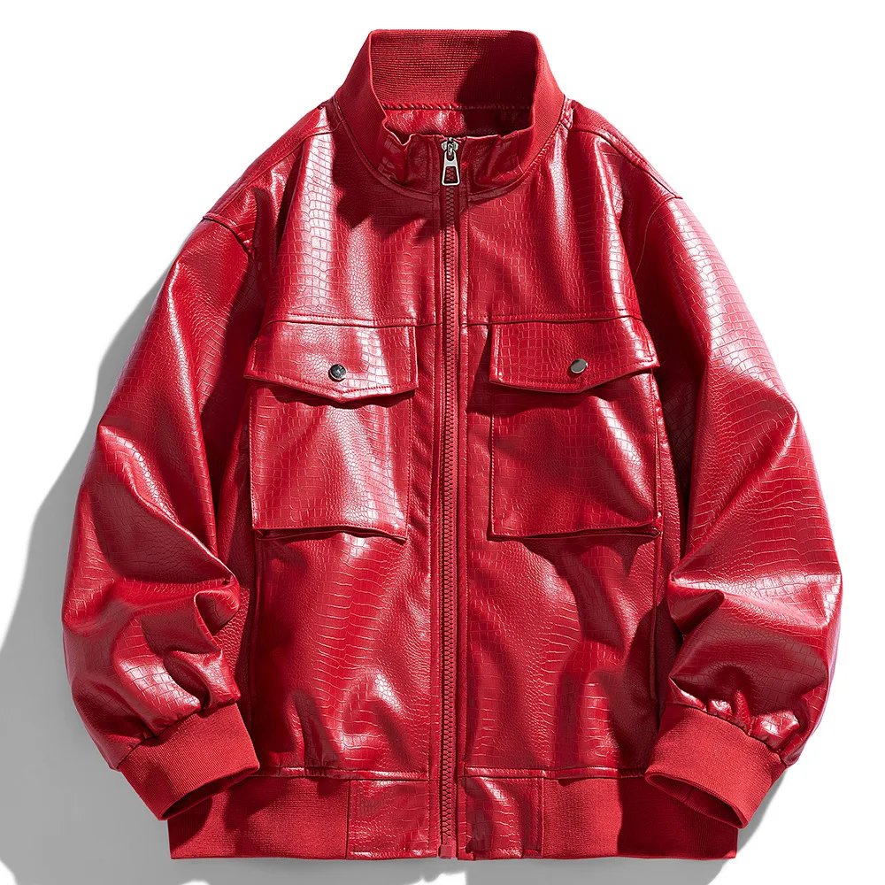 

Spring and Autumn Retro Multi Pocket Jacket, Casual Fashion Stand up Collar Zipper Leather Jacket, Men's Leather Jacket