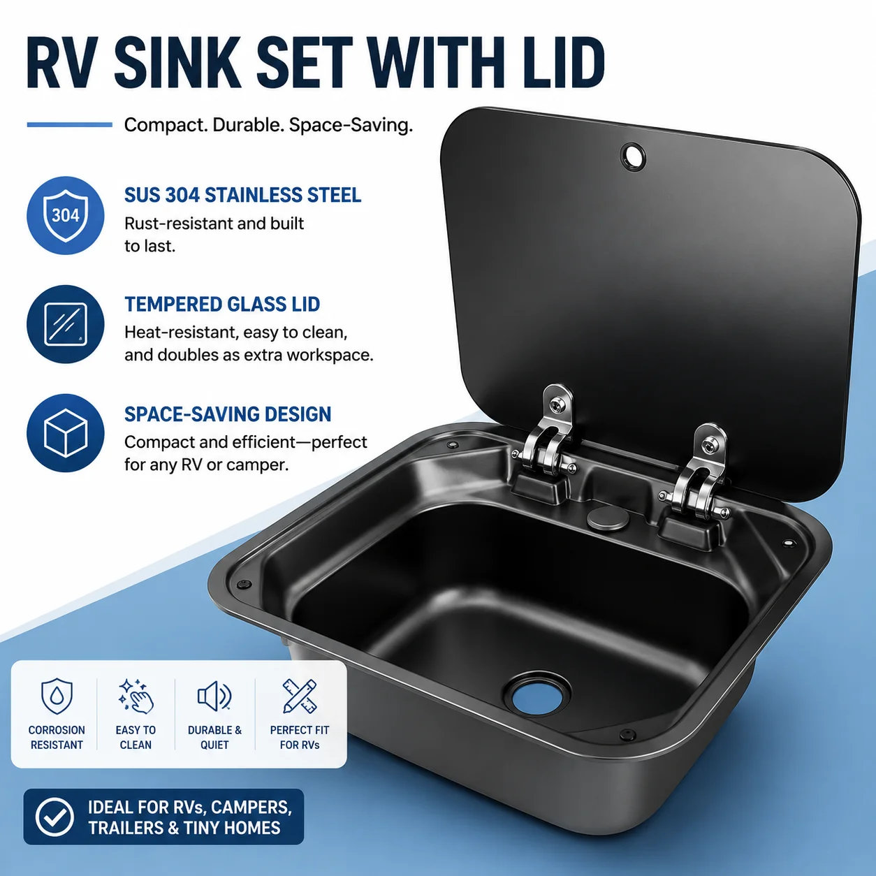 Black & Grey Camper RV Hand Wash Basin Sink – Heat/Cold Mixer Tap, Folded Faucet, Tempered Glass Lid, Sound-Absorbing Bottom