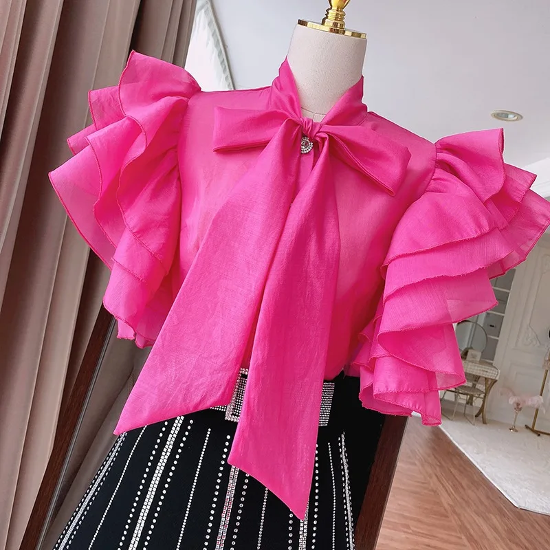 Women\'s Blouse Fashion New 2023 Ruffles Short Sleeve Elegant Feminine Shirts Spring Summer Soid Color Fitting Ladies Tops