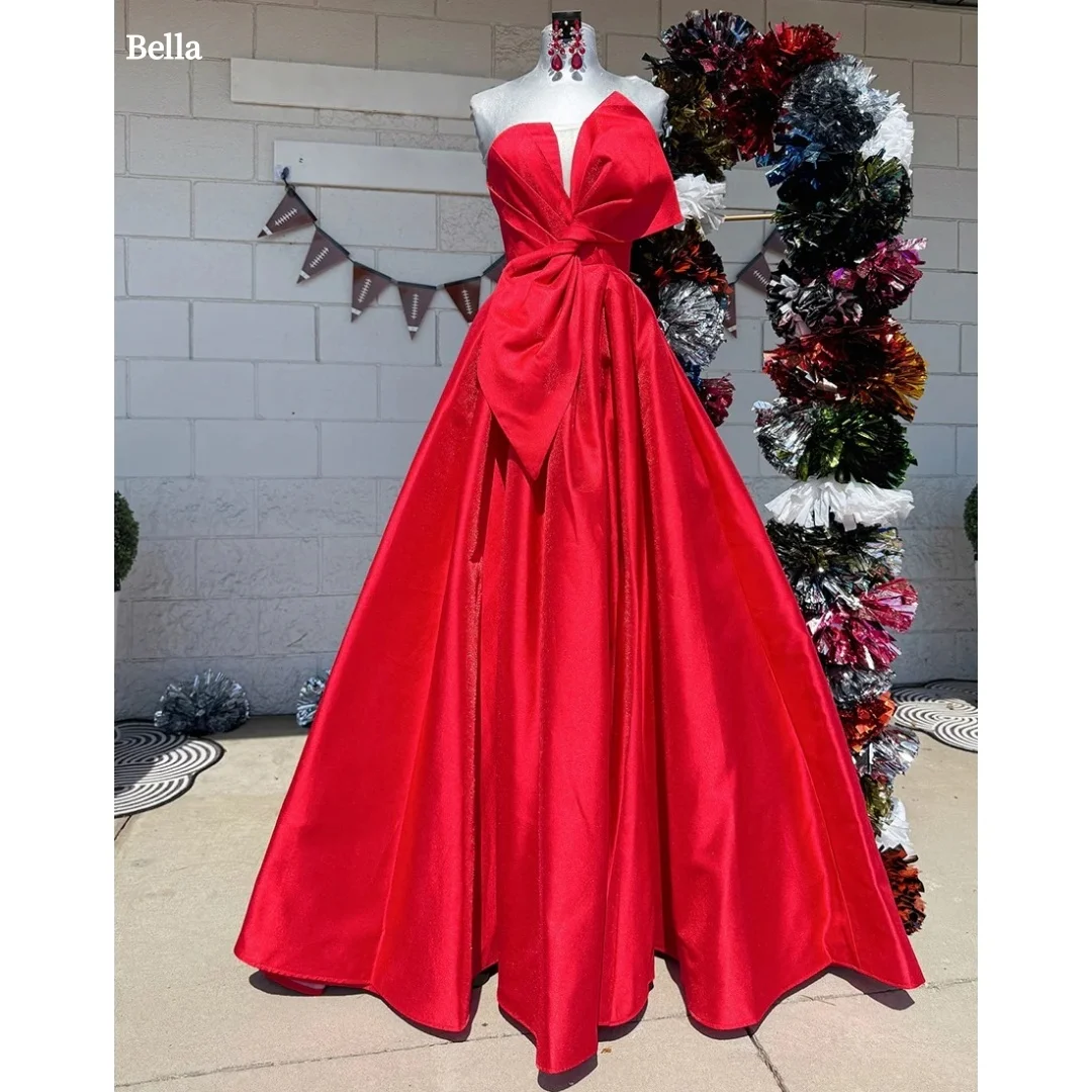 

Bella Customized Red Strapless Bow Decor Satin robes de soirée Ball Gown Elegant Party Dresses Stylish Prom Dress Formal Wear