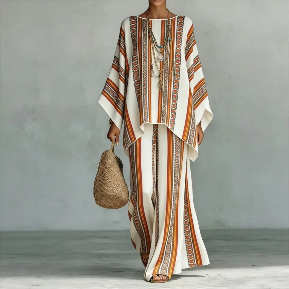 Leisure O Neck Vintage Print Long-Sleeved Women's Set Autumn Fashion Loose Fitting Wide Footed Pants Female Vacation 2 Piece Set