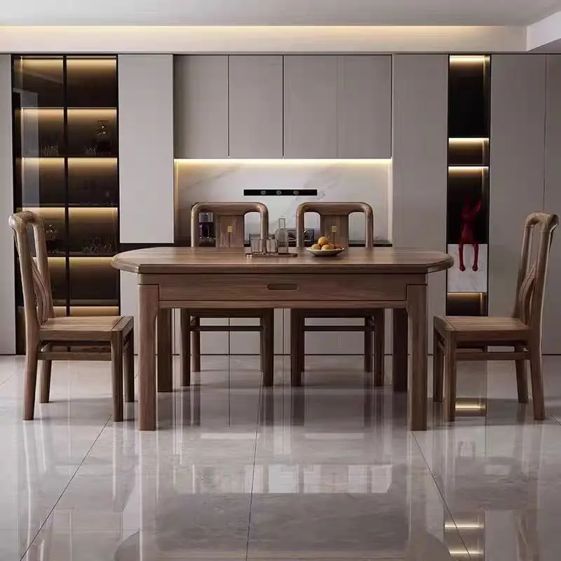 Chinese walnut solid wood dining table and chair combination simple household square and round dual-purpose telescopic