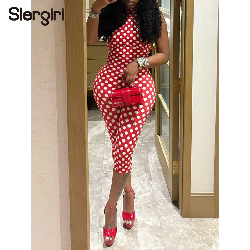 

Slergiri Polka Dot Sleeveless Halter Jumpsuit Romper Women Fashion New 2026 Summer Sexy Nightclub Backless Tight Capri Pants