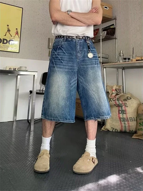 

American Retro Lightning Pattern Men's Shorts Summer Loose Straight Leg Wide Leg Drapey Seven-Foot Casual Shorts Jeans