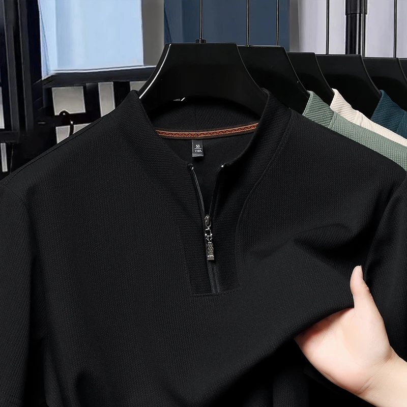 Half Zip Ice Silk Short Sleeved T-shirt for Men, Men's Lapel, 2025 Summer New Collection, Breathable Polo Shirt