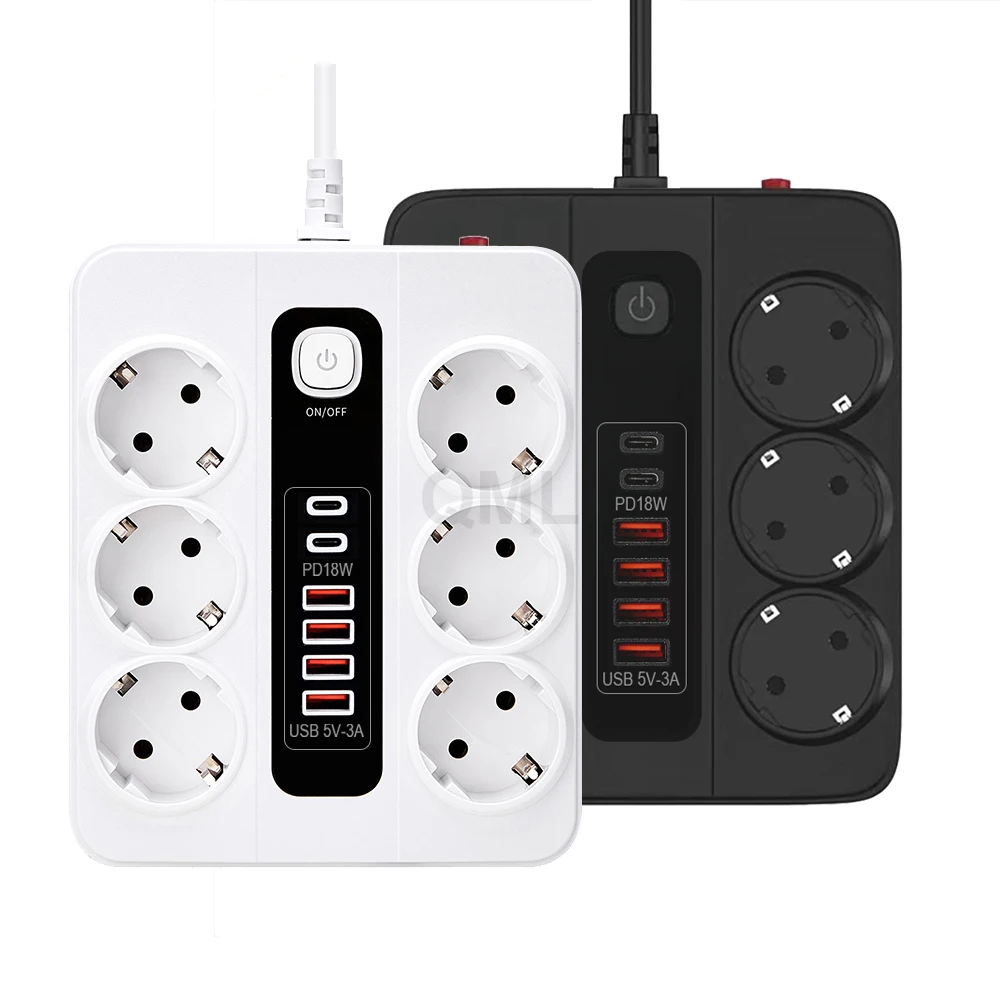 

6AC German power strip 3000W 2M Extension Cord Overload switch EU Plug Socket Power Board Network Filter Adapter