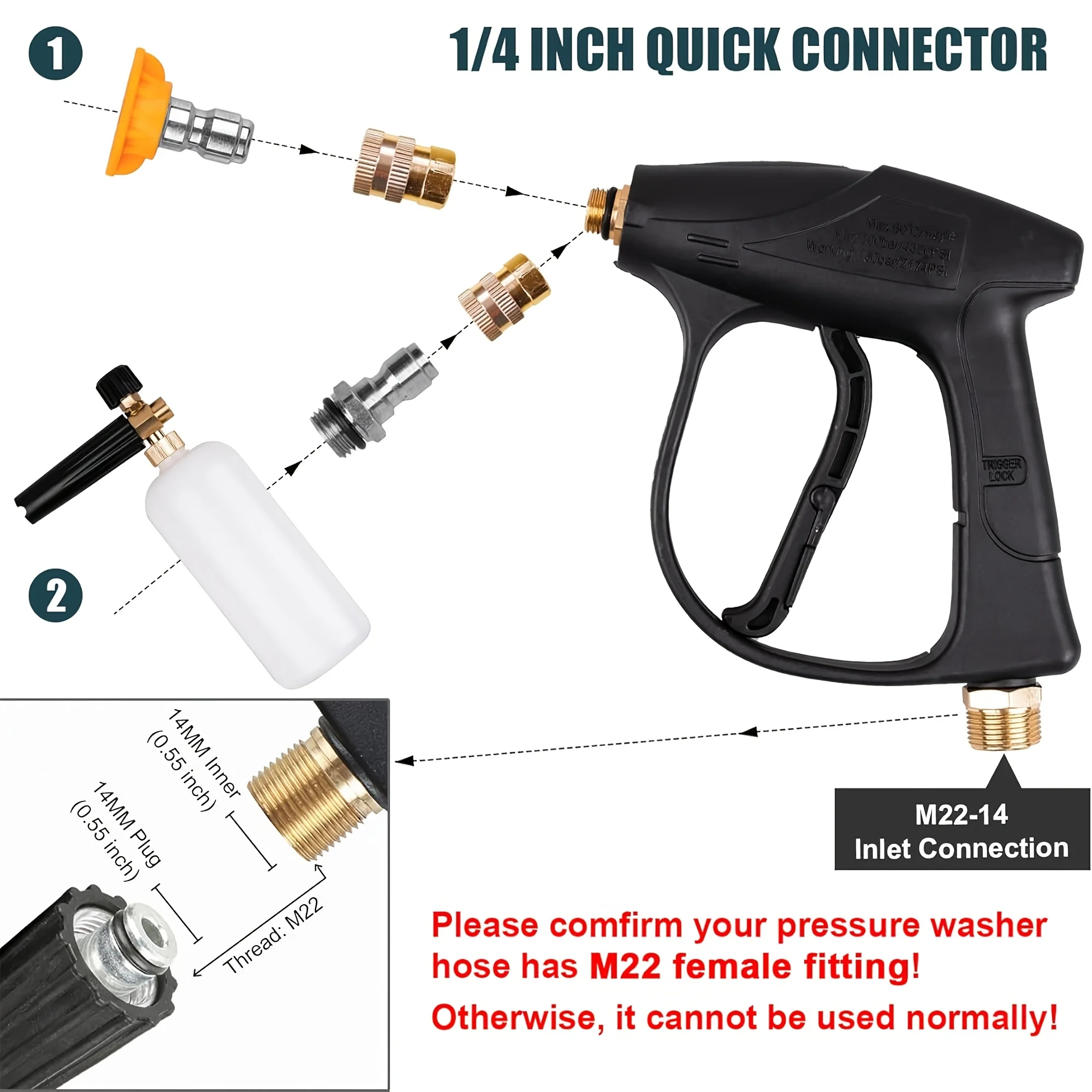 Kurze Hochdruckreinigerpistole mit Schaumkanone, 1/4 Zoll Schnellanschluss und 5 Düsen, M22-14 mm Anschluss für professionelle Reinigung
