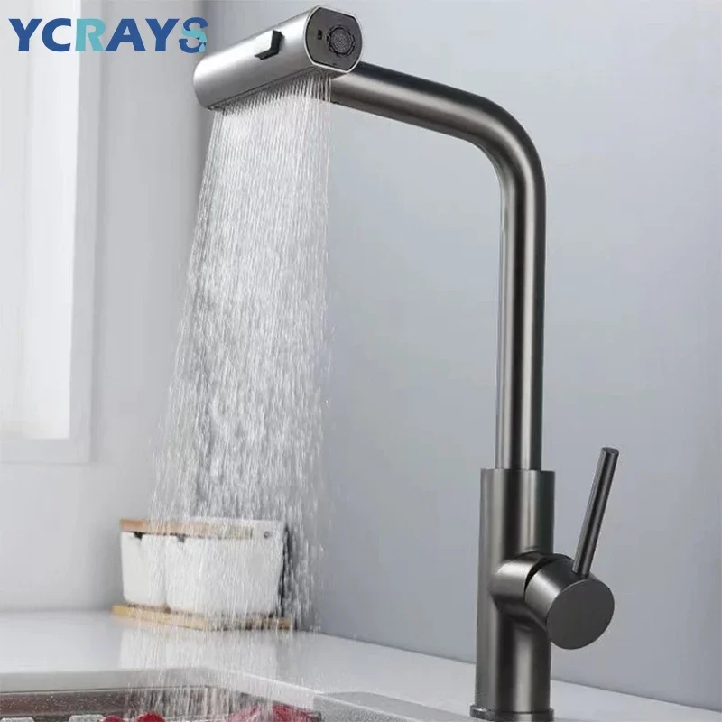 

YCRAYS Black Kitchen Faucets Gray Pull Out Rotation Waterfall Stream Sprayer Head Sink Mixer Brushed Nickle Water Tap Accessorie