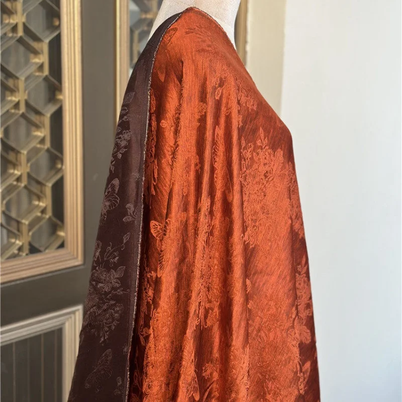 

1 meter 70% Mulberry Silk 30% Linen 34 momme Heavy Silk Fabric Orange Floral Jacquard 138cm 54" wide by the yard JN735