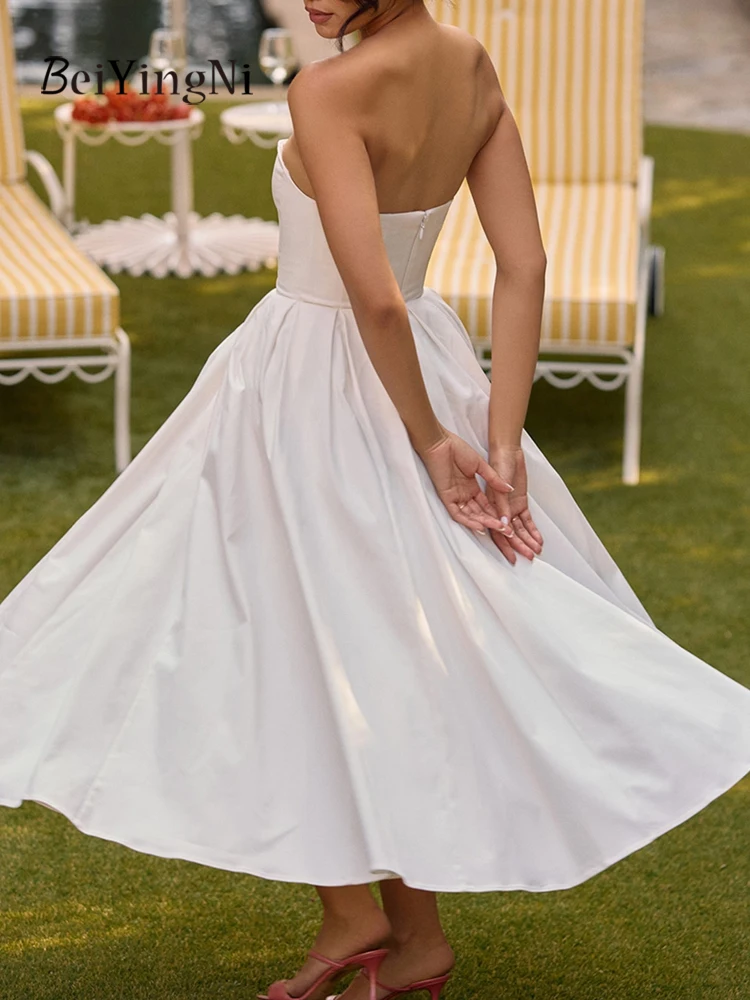 Beiyingni White Corset Dress Women Elegant French Backless Slim Fit A-line Long Dresses Casual Blue Midi Prom Night Club Dress