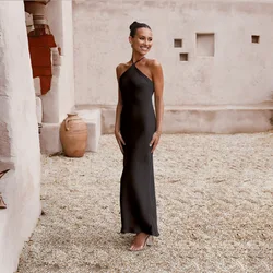 ICCLEK A-Line Halter Sleeveless Long Satin Bridesmaid Dress Women Bridal Wedding Dress Party Wear In Black