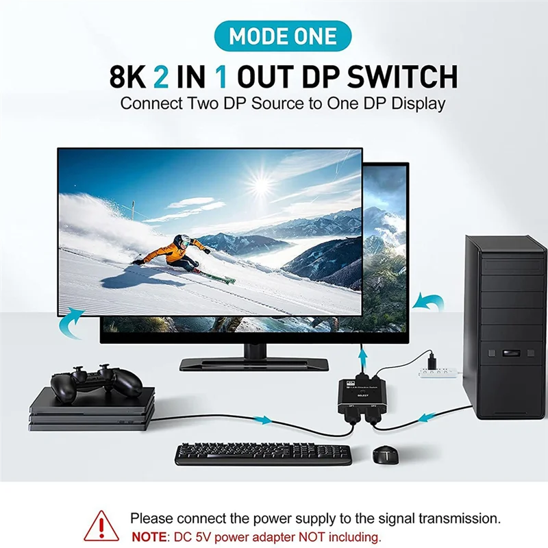

Переключатель 8K Displayport 2 в 1 выход/1 в 2 выхода Порт дисплея DP Переключатель поддерживает 8K30 Гц 4K120 Гц для монитора ПК, ноутбука и т. д.-B91B