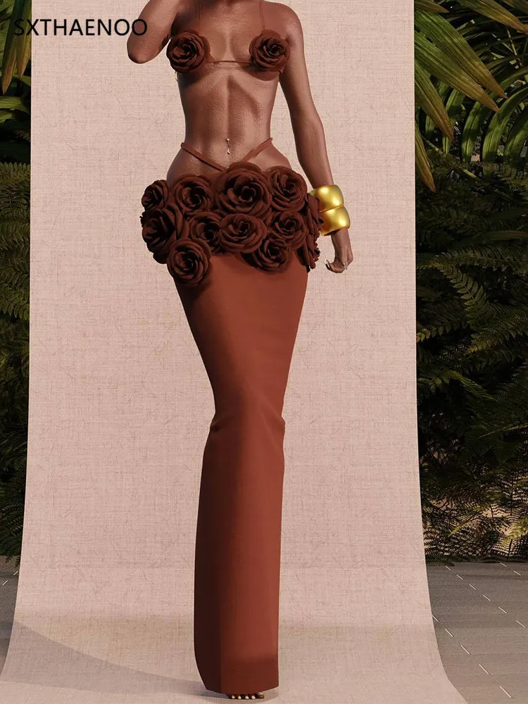 

SXTHAENOO Brown Women Sexy Strap Florals Bandage Tops 2 Pieces Bodycon Long Dress Nightclub Party Celebrate Photo Shoot Wear