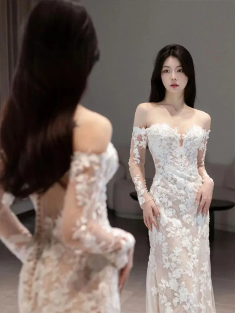 Long-sleeved fishtail light new one-shoulder chiffon dress for going out