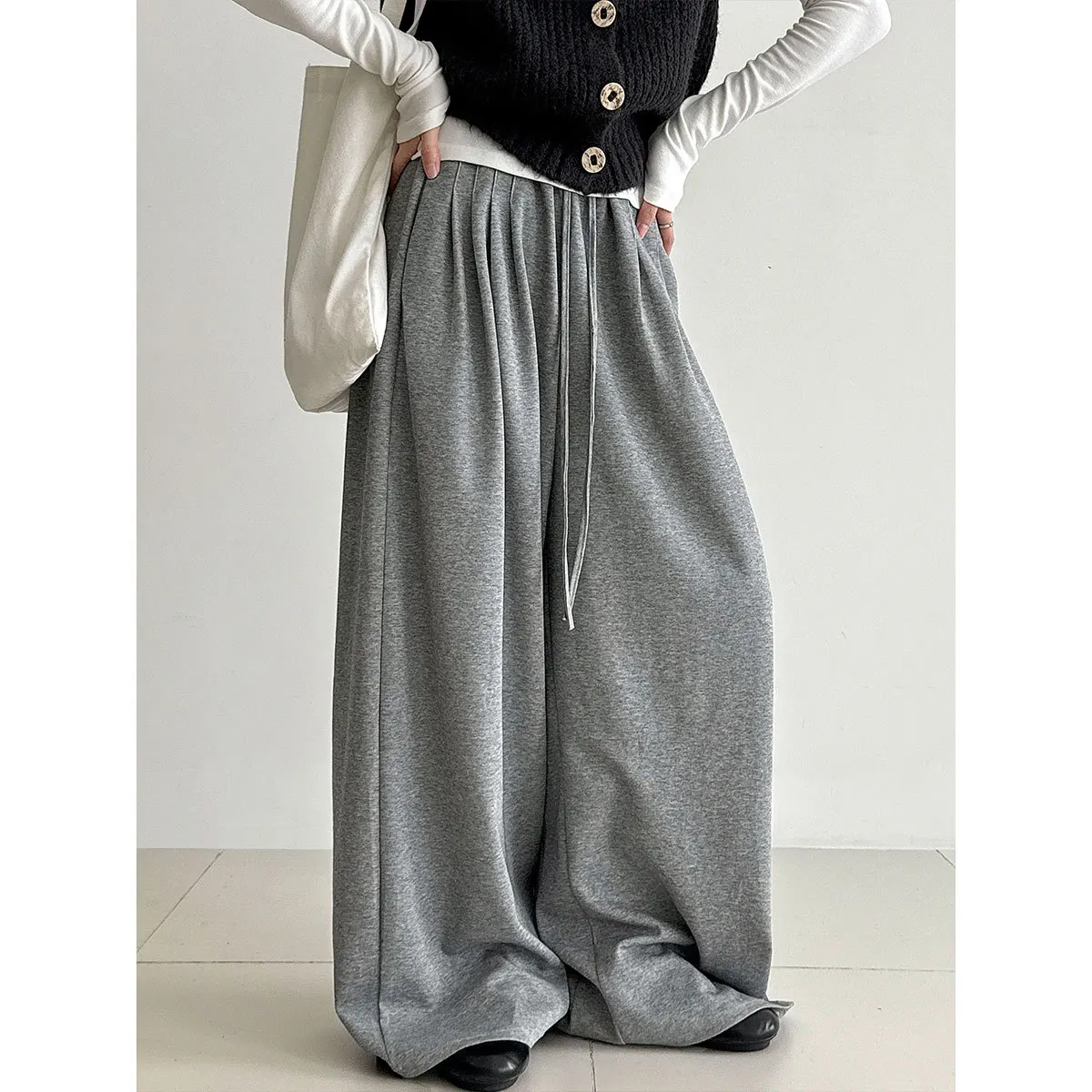 

Pleated Drawstring Wide-leg Pants Women's Sports Pants New Autumn Style High-waisted Slimming Lazy Casual Sweatpants