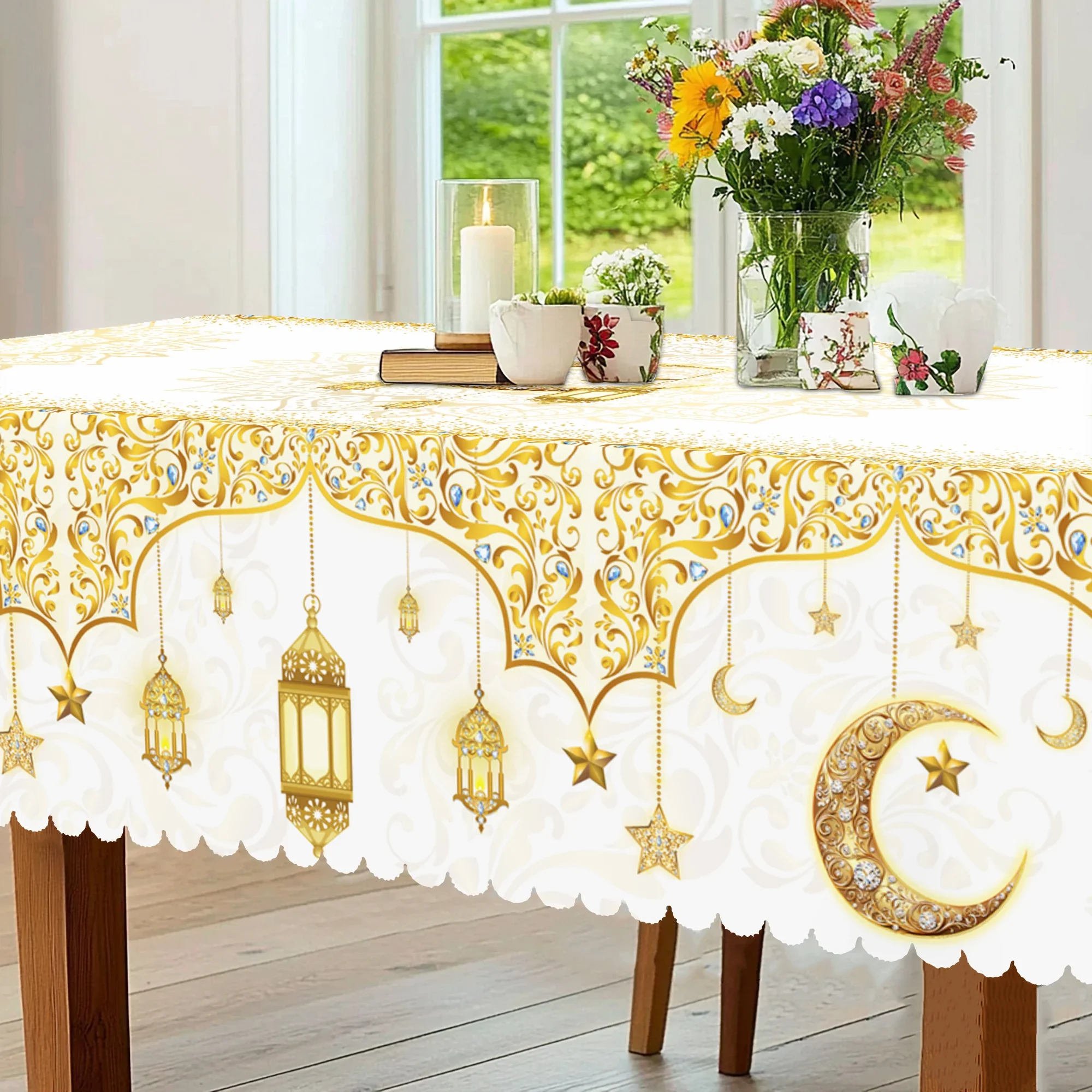 1 Piece of Muslim Ramadan Themed Round Tablecloth, Available in Various Sizes, with Gold Star and Moon Pattern and Lantern Design Printed Decorative Tablecloth, Embossed Edge Craftsmanship, Ramadan Home Decoration, Suitable for Family Dinners, Festival Party Scenes, Ramadan Atmosphere Decoration, Festival Decoration
