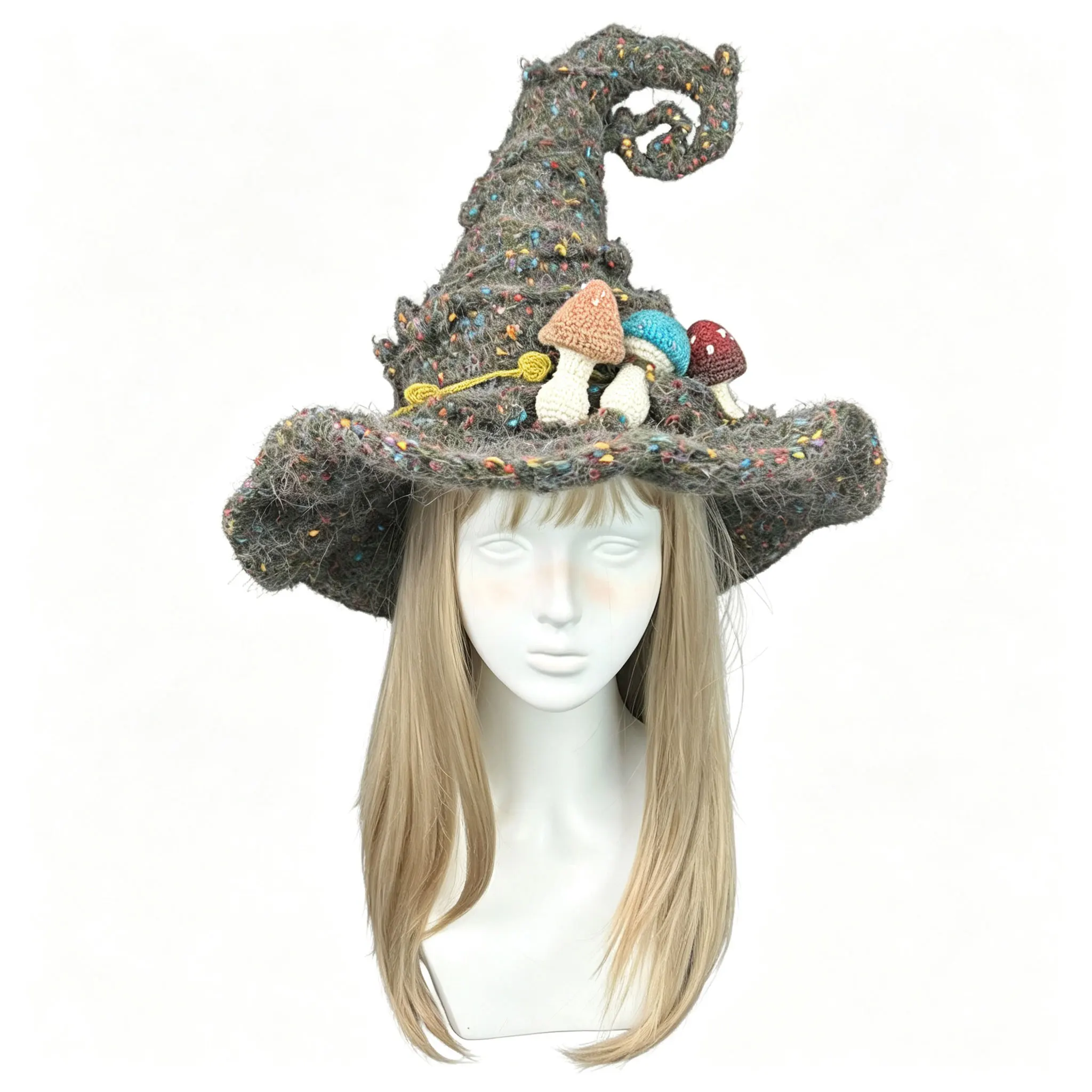 Handmade Colorful Grey Wizard Witch Hat Women Custom Crochet Knitted Mushroom Charm Beanie Men Cosplay Party Halloween Caps Boy