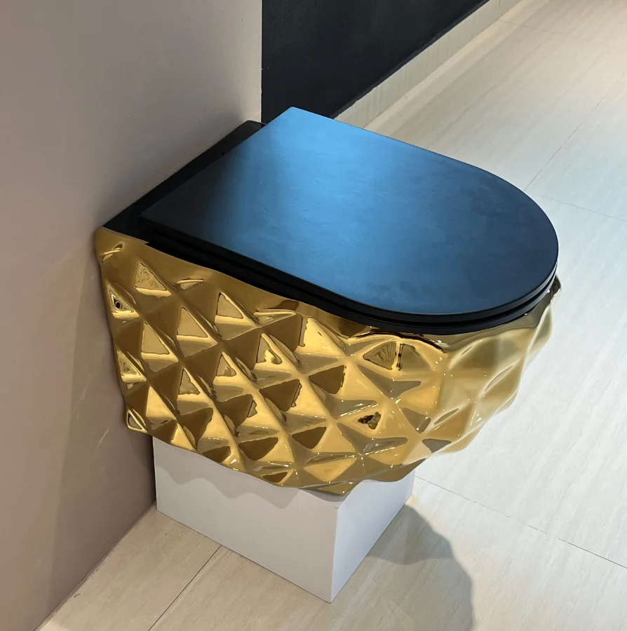 New Design Diamond Shape Wall Mounted Sanitary Ware Gold Water Closet Hanging Inodoro Bathroom Ceramic Wall Hung Toilet Commode