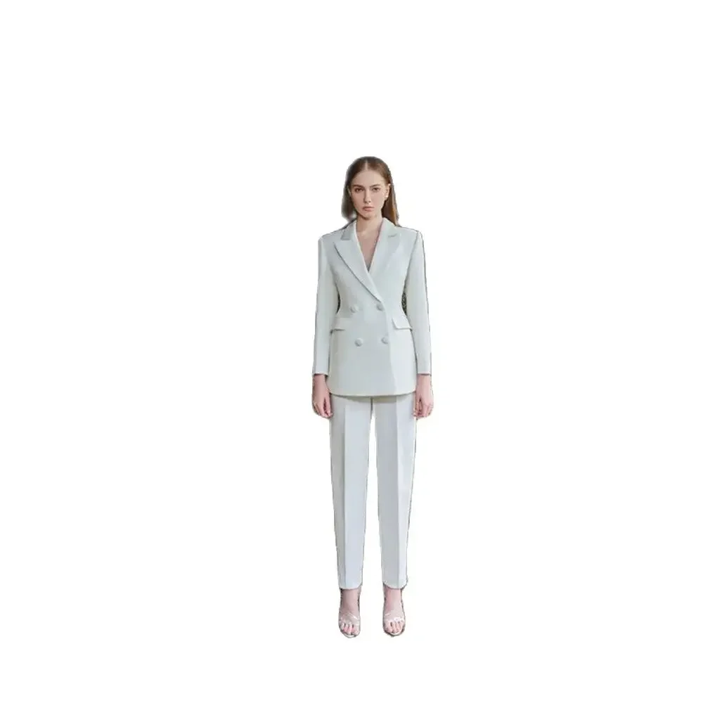 Luxury Elegant White Women Suit Double Breasted 2 Piece Jacket Pants Blazer Set Slim Fit Formal Office Lady Female Clothing