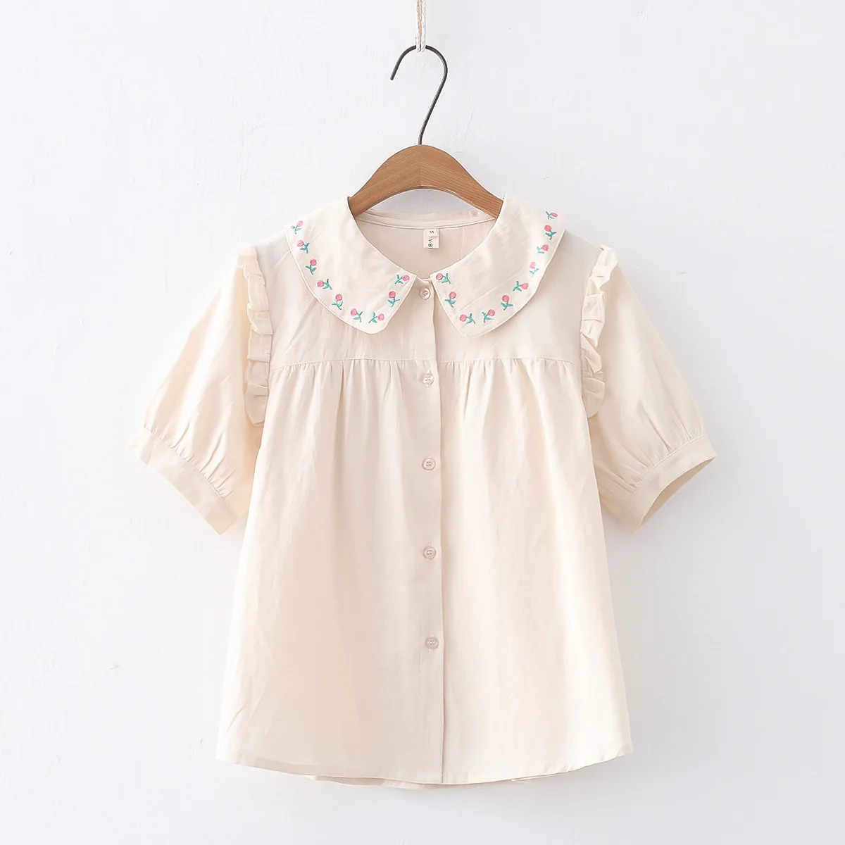 Autumn New Women Cotton White Shirts Floral Embroidered Short Sleeve Peter Pan Collar Loose Blouse Tops New Spring T36314JC