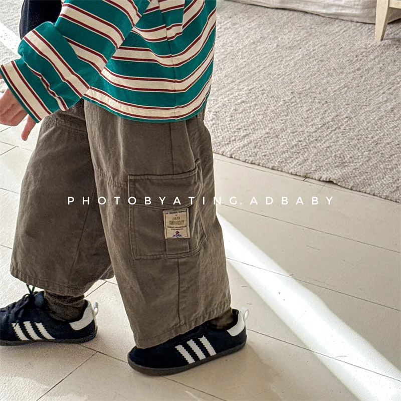 Kids Cargo Pants Multi-Pocket Loose Fit Straight Leg Cropped Trousers Boys Girls Vintage Casual Daily Wear Autumn Spring Bottoms