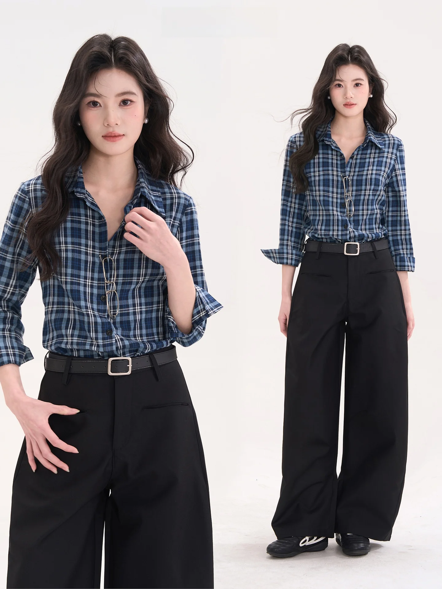 

Blue Plaid Waist-Cinching irt Women's Top Vintage Sle Cotton Long Sve Breathable Spring Summer Faionable Casual Wear