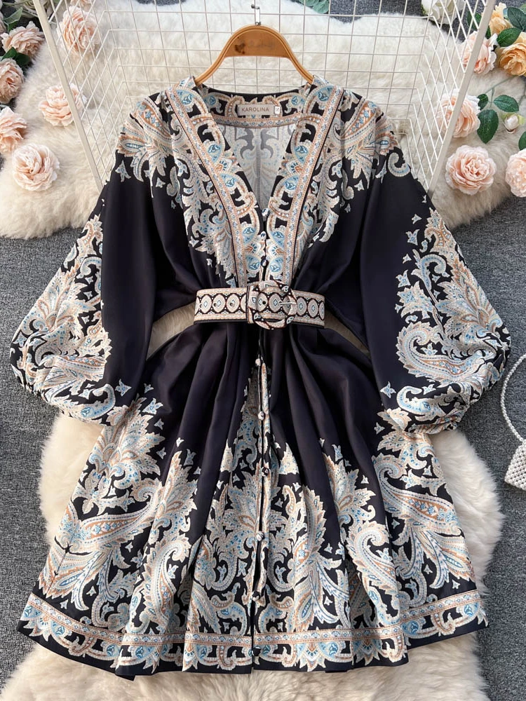 Spring French Retro Printed Dress Women Single Breast Sexy V-neck Lantern Sleeve Midi Dresses Elegant Party Dress with belt