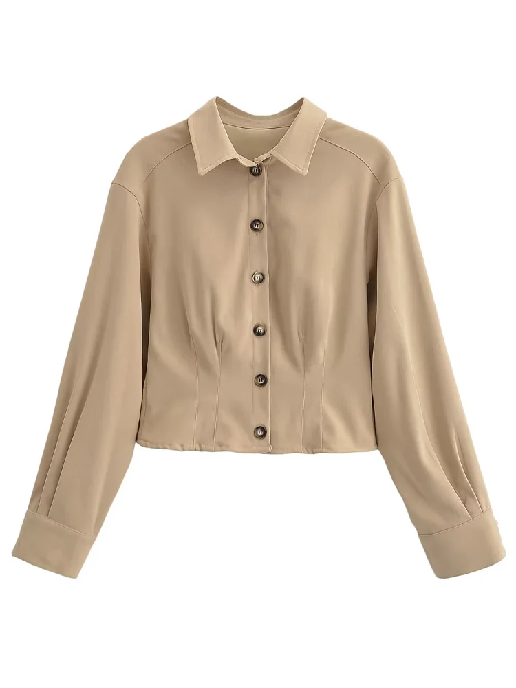 

Женская весенняя модная рубашка с отложным воротником, однотонная, повседневная, в уличном стиле, на одной пуговице, с длинным рукавом, укороченная