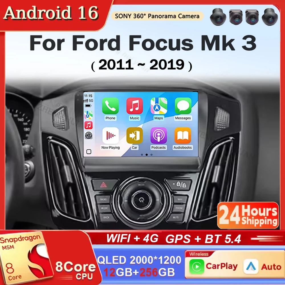 Rádio Automotivo Android 16 para Ford Focus Mk 3 2011 2012 - 2019 Reprodutor Multimídia de Vídeo Android Autoradio Carplay Auto Estéreo GPS DVD