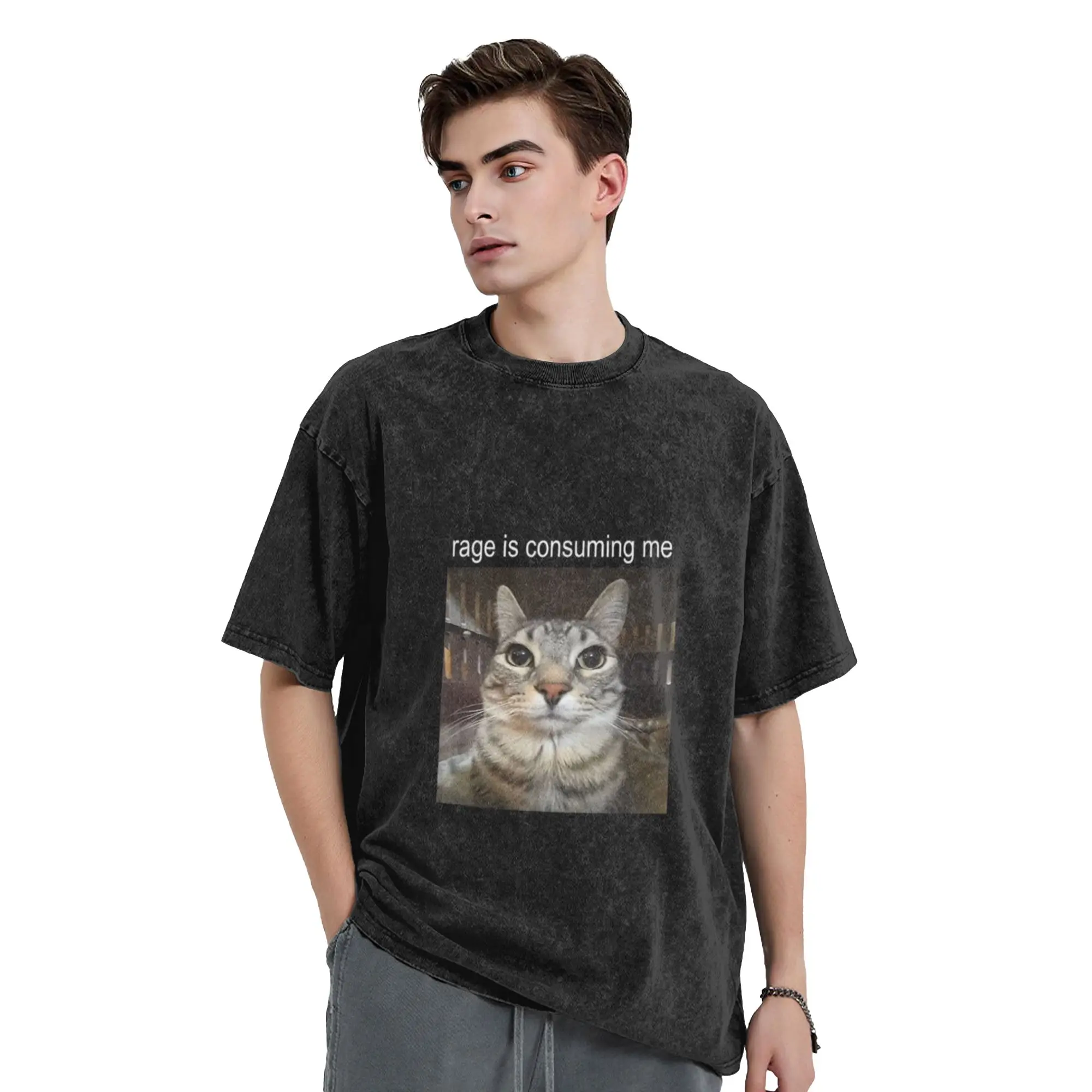 Rage Is Consuming Me Silly Staring Cat Meme Classic Stylish A Vintage Oversized Cotton Unisex T-Shirts