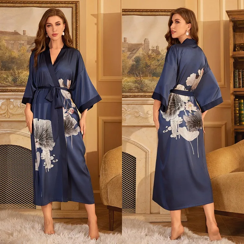 Sommer Robe Bademantel im chinesischen Stil Seiden druck lange Robe Kimono Satin sexy Roben Nachtwäsche Nachtwäsche Pyjama