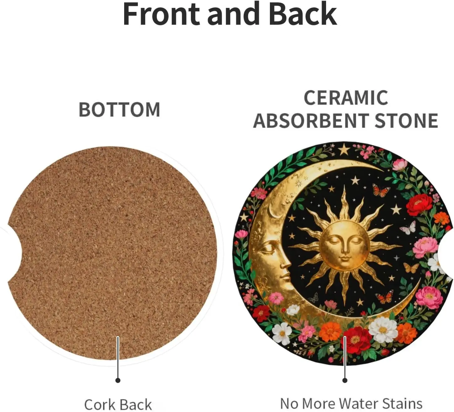 Sun Moon 2 Pack Car Cup Holder Coasters Ceramic Drink Coasters | Flowers Butterflies Absorbent 2.56