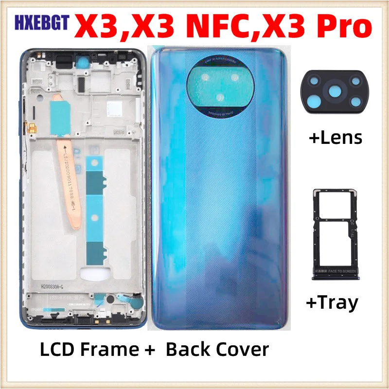 For Xiaomi Poco X3 , X3 Pro , X3 NFC Back Cover + LCD Front Frame + Side Button + Camera Glass Lens + Sim Tray Parts