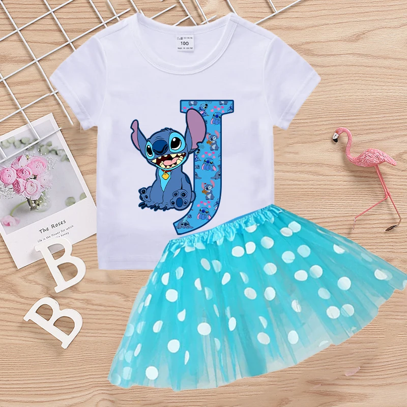 Conjunto de falda y camiseta de punto de Disney para niñas, camisetas de A-Z con letras de Anime, faldas de hilo, ropa de verano para niños, regalo de manga corta, gran oferta
