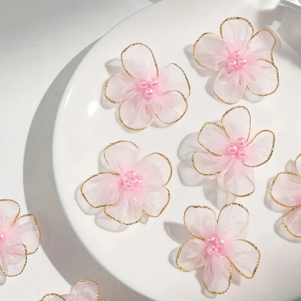 20 قطعة 4 سنتيمتر الثلوج الشاش زهر البرقوق الذهبي حافة ثلاثة حبة الاصطناعي شبكة زهرة DIY بها بنفسك الخياطة الحرفية الزفاف الشعر الملابس ديكور