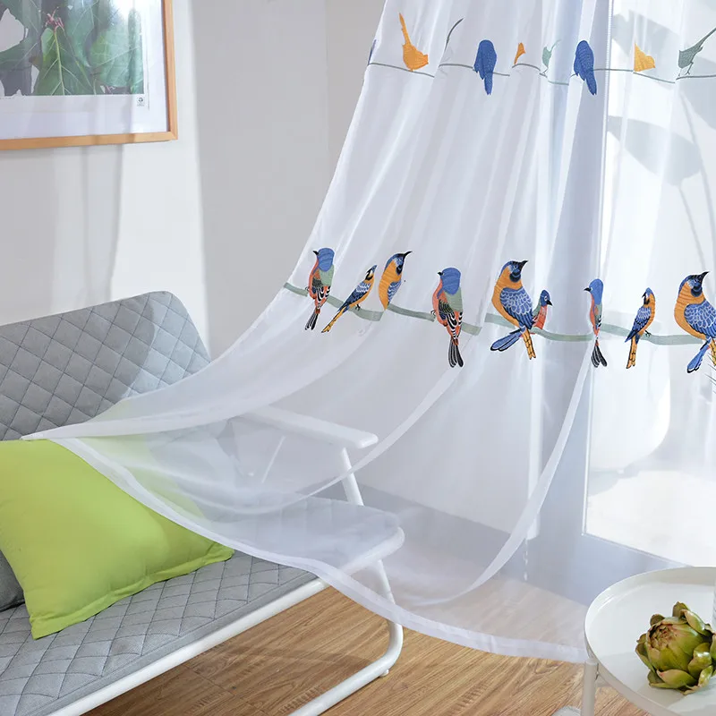 Cortina transparente bordada con pájaros pastorales americanos para sala de estar, dormitorio, ventana transparente blanca de tul para decoración del hogar y cocina