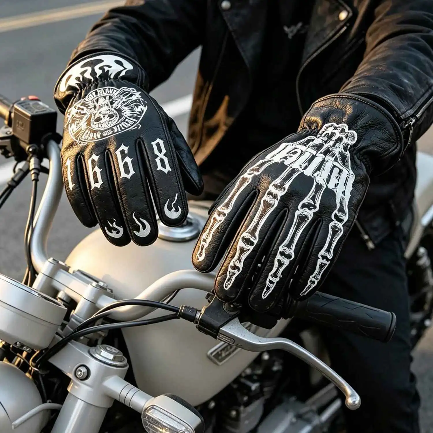 Retro real cowhide motorcycle gloves autumn and winter locomotive riding commuting skull printing non-slip and wear-resistant