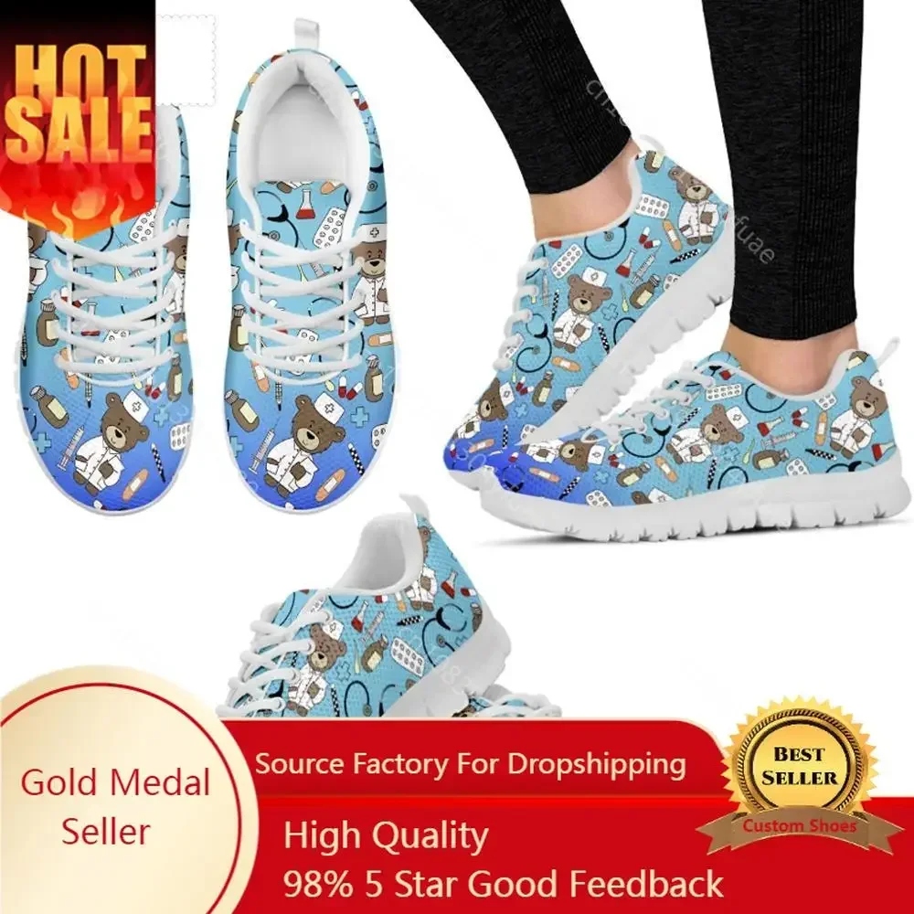 

Shoes 2021Autumn Flats Shoes Woman Cute Cartoon Nurse Bear Print Female Lace Up Sneakers Gradient Nursing Lady Footwear