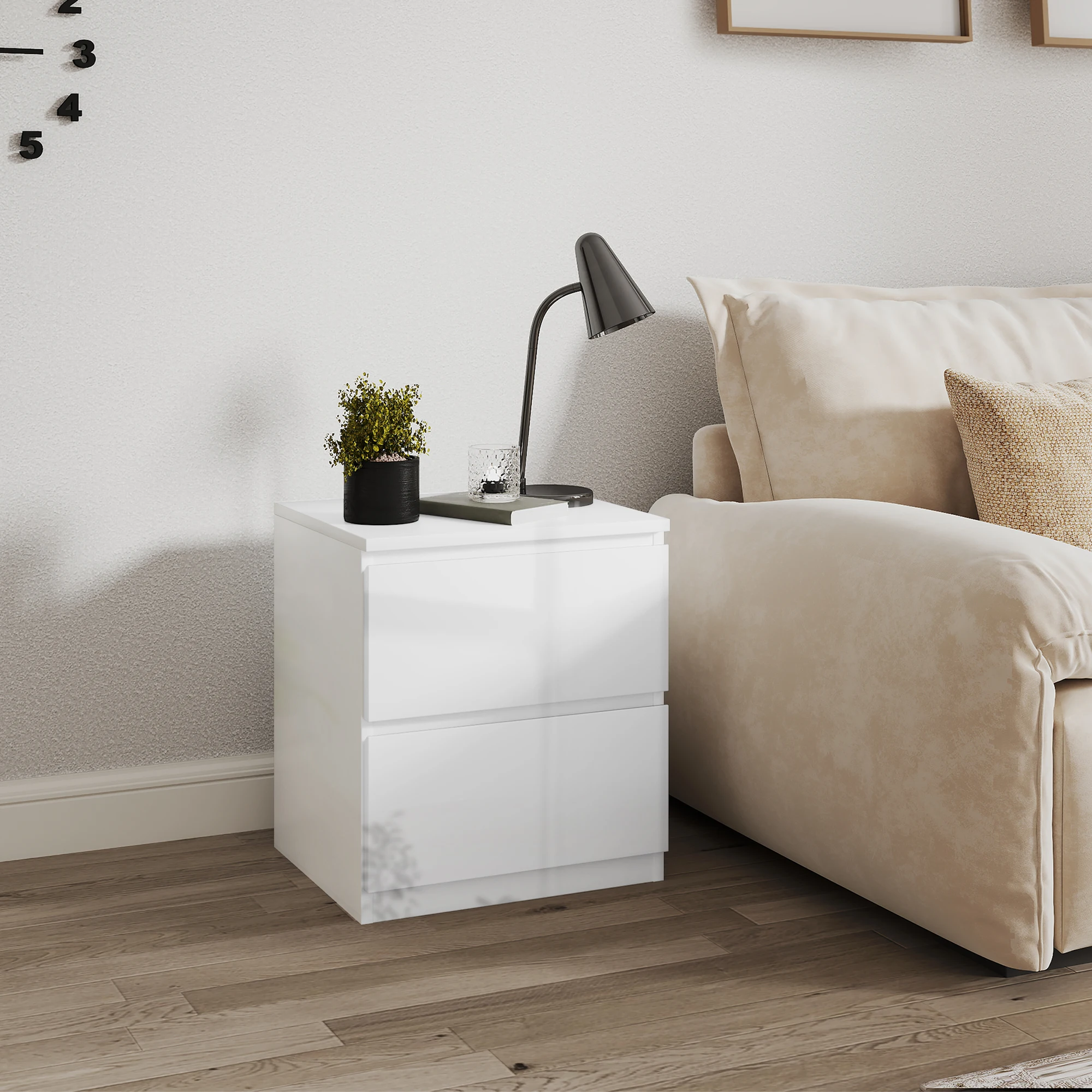 HOMCOM Mesita de Noche Moderna con 2 Cajones 40x34x45 cm Blanco Brillo