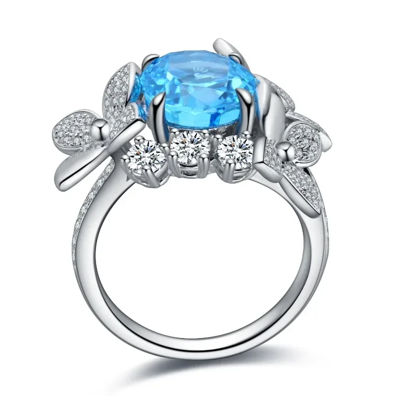 Ruihe New Luxury Flower 925 Silver Lab Grown Aquamarine Simulated White Diamond Rings Gemstones Jewelry for Women Christmas Gift