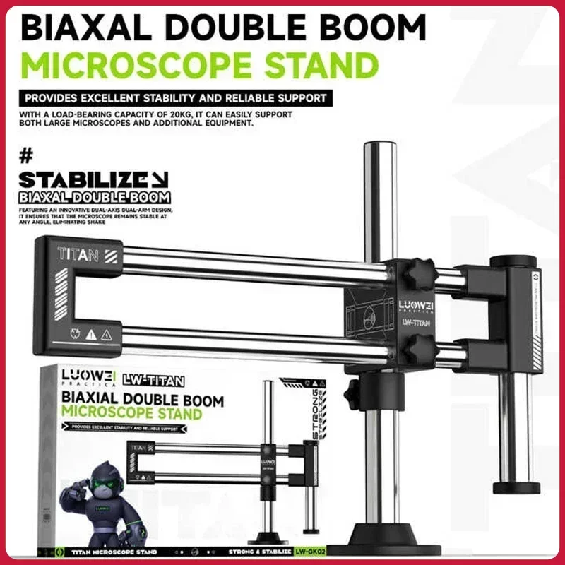 LUOWEI LW-GK02 Biaxal Double Boom Microscope Stand Movable Aluminum Alloy Focusing Holder Base Bracket For PCB Industry Lab